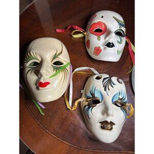 3 Hand-Painted 8" Ceramic Venetian Masks Ribbon Ties one signed Bella    67-27